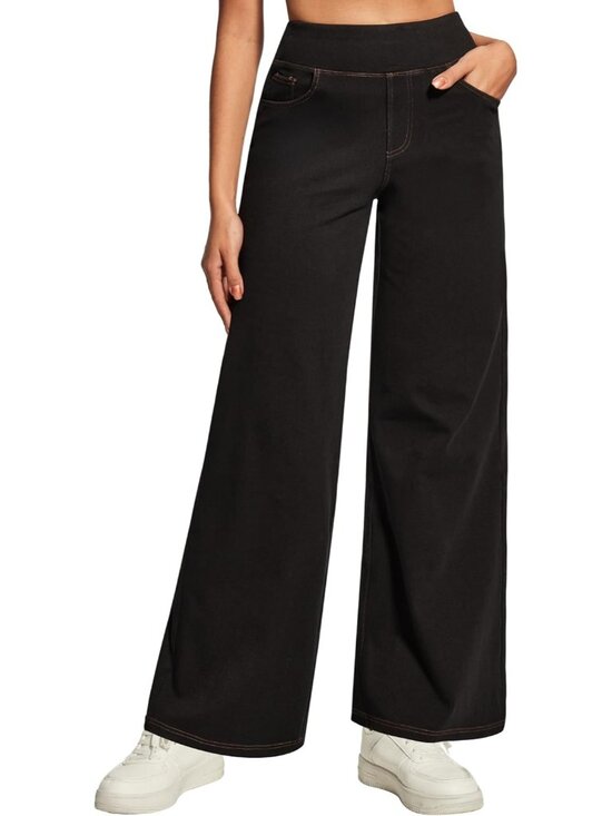 Denim - Women's Black Denim High Elastic Waisted 5 Pockets Style Baggy Wide Leg Jeans